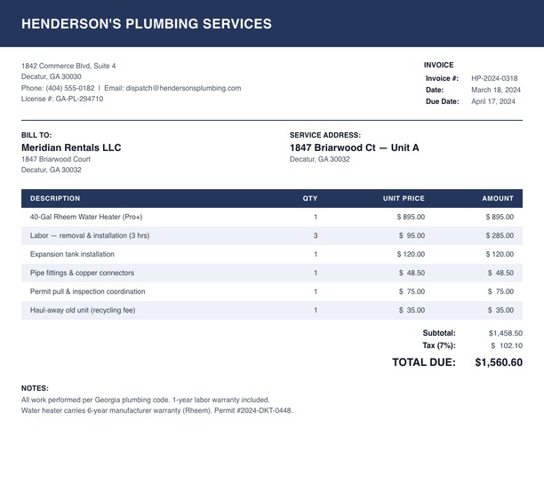 Plumbing invoice