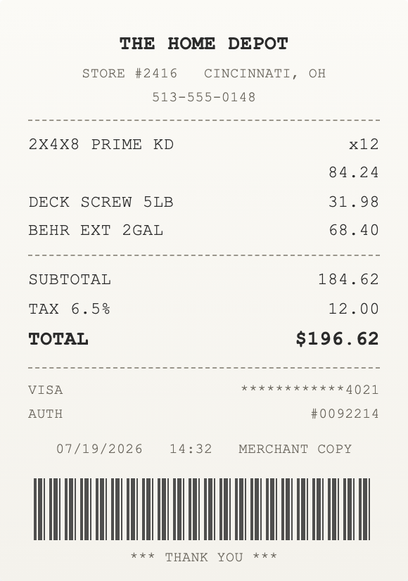Hardware-store receipt
